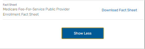 The Medicare Fee-For-Service Public Provider Enrollment Fact Sheet with the Show Less button showing.