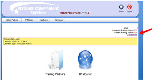 Image of the EDI Gateway Self-Service Portal. Select User Profile to set up your three security questions. 