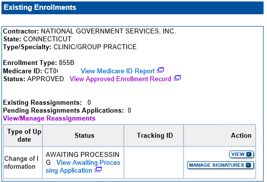Image of the PECOS Existing Enrollments page. The Manage Signature button is shown in the Action column.