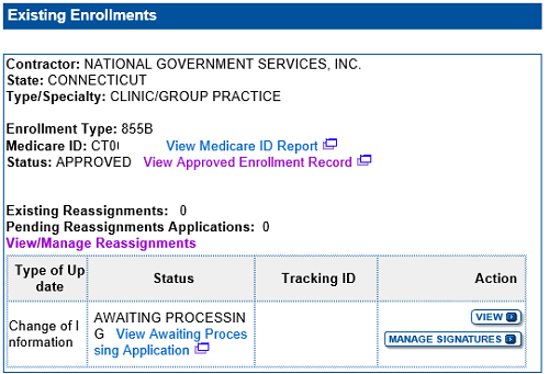 Image of the PECOS Existing Enrollments page. The Manage Signature button is shown in the Action column.