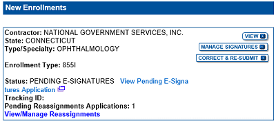 PECOS image of New Enrollments information. The Manage Signatures button is located on the right hand side of the image under the View button.