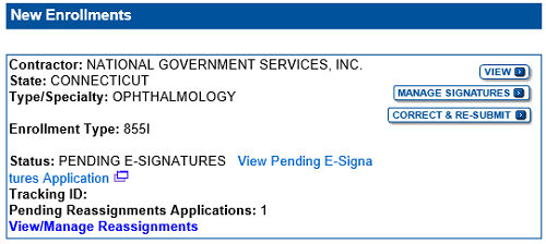 PECOS image of New Enrollments information. The Manage Signatures button is located on the right hand side of the image under the View button.