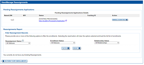 PECOS image of the View/Manage Reassignments page. The Manage Signature button is located under the title Action.