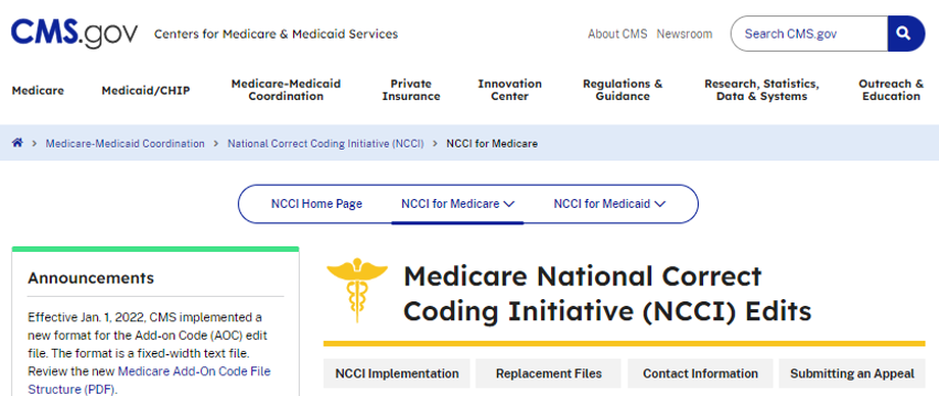 CMS.gov Medicare National Correct Coding Initiative (NCCI) Edits page