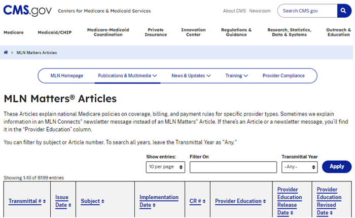 The CMS website showing MLN Matters Articles page. 