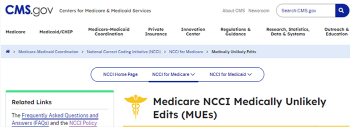 The CMS website showing the Medically Unlikely Edits page.