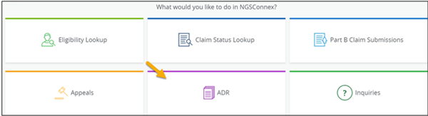 Image of NGSConnex homepage with a yellow arrow pointing to the ADR tab. 