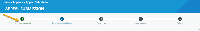 Image of Appeal Submission tab with a yellow arrow pointing to Step 1 Submission History.