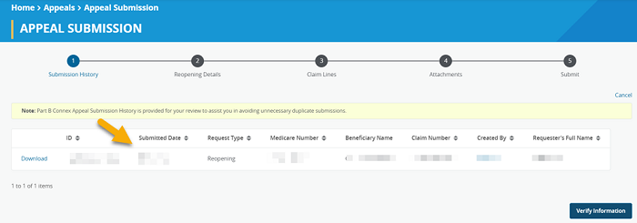 Image of Submission History section of NGSConnex appeal submission, with a yellow arrow pointing to the Submitted Date column. 