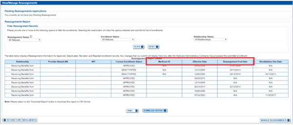 Image of the view/manage reassignment screen. Member ID, Effective Date, and Reassginment End Date are highlighted.