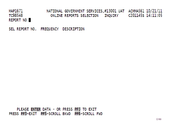 Online Reports Selection Inquiry Screen