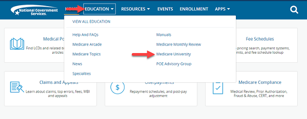 Image of "Education" tab drop down with an arrow pointing to "Medicare University" link