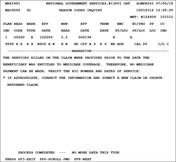 Reason code U5220 is displayed on the Reason Code Inquiry Screen in FISS