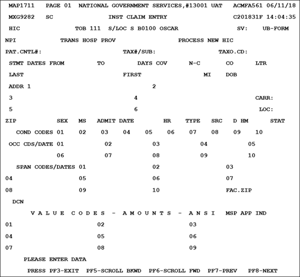 Claims Entry Screen page 1 - Use this screen to enter claim data electronically into FISS DDE