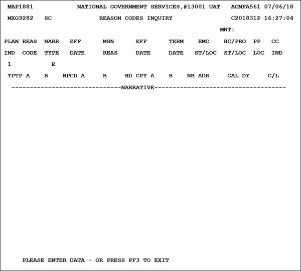 To access the REASON CODES option from the FISS online INQUIRIES submenu, type ‘17’ at the Enter Menu Selection: prompt and press the <Enter> key.