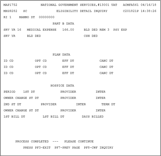 Eligibility Detail Inquiry Screen #2 provides Part B and HMO data as well as hospice election period information