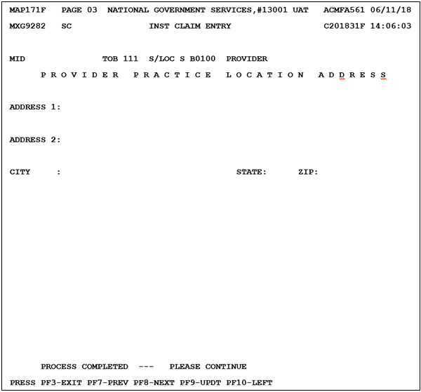 Claim Page 03 Second RT view - Use this page to enter Provider Practice Location Address