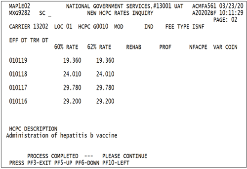 Identifies 10% and 62% rate for HCPC code entered