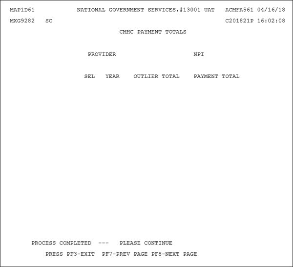 Screen shot of the CMHC Payment Totals Screen which displays the CMHC Payment and outlier totals for current year and one previous year