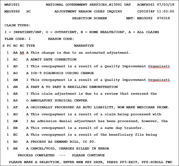 Adjustment Reason Codes Inquiry Selection Screen - To view a list of all adjustment reason codes, press the <Enter> key.