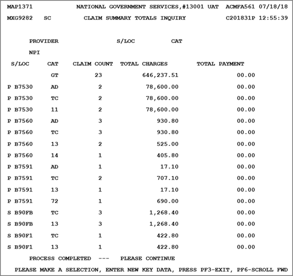 Claim Summary Totals Inquiry Screen - Press the <Enter> key to display all pending claim data, or type in a specific status/location in the S/LOC field or category type in the CAT field to narrow the selection option.