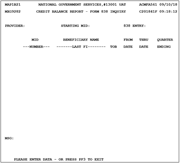 Cradit Balance form 838 Inquiry screen showing the Medicare ID number and the beneficiary name