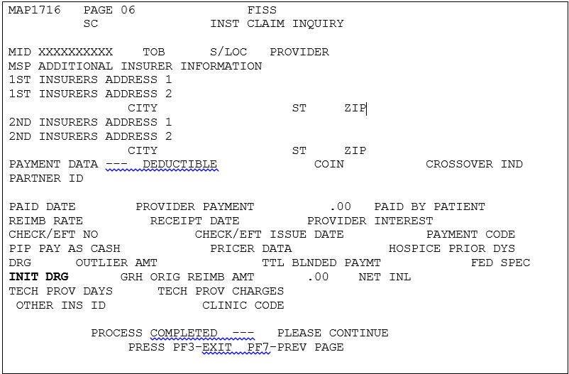 MAP1716 Claim page (6) – INIT DRG field will be displayed this is a 4-byte protected field