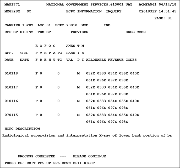 Screen shot of the HCPS INFORMATION INQUIRY screen in FISS showing CPT code 70010 being researched.