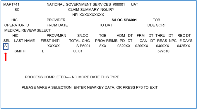 Screenshot of Claim Summary Inquiry (type S to select claim)