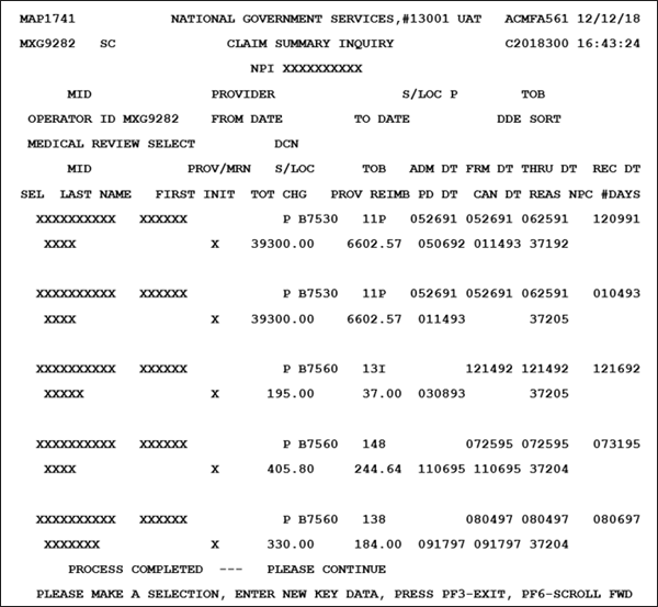 FISS Inquiry Menu - Select option 12 for Claim Summary