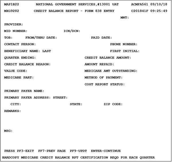 Image of the Credit Balance Report 838 Inquiry Form showing MAP 1 B 22 showing the provider information