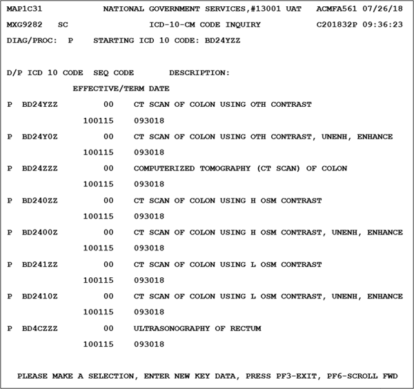 Screen shot of the ICD-10-CM CODE INQUIRY screen in FISS displaying ICD-10-CM procedure code BD24YZZ.