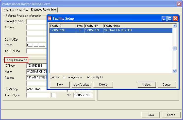 Professional Billing Roster Form - Facility Setup