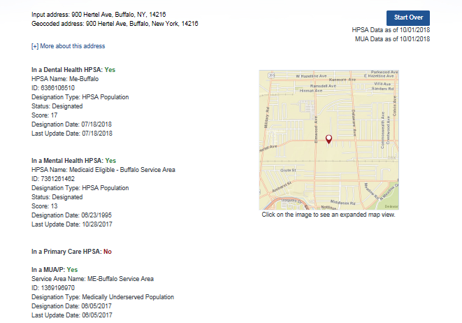 Example search results for geographical area Buffalo, NY. You can see dental, mental and primary care HPSA results wih an associated map.