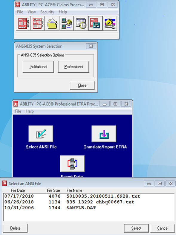 Screen shot showing navigation to the PC-ACE ANSI File window accessed within the PC-ACE Professional ETRA Processing Window.