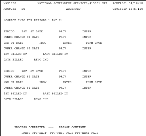 CWF Hospice screen provides hospice enrollment information including start date, provider details, number of days billed