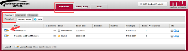 Image of “My Courses” page with arrow pointing to the "Launch Course" button