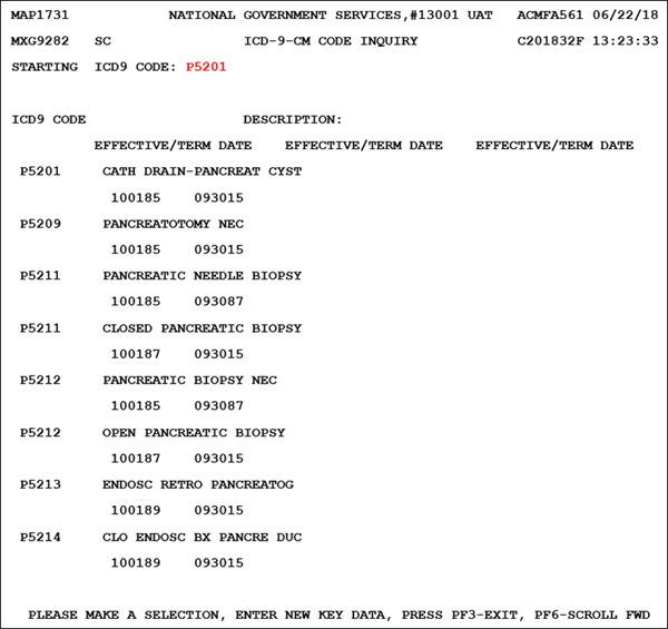 Screen shot of the ICD-9-CM Code Inquiry screen in FISS displaying ICD-9-CM procedure code 5201.