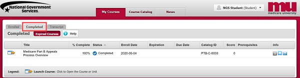 Image of the Completed courses tab