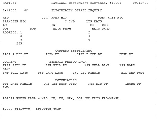 Eligibility Detail Inquiry Screen - To access beneficiary information, enter HIC, Last Name, First Initial, Sex code, Date of Birth