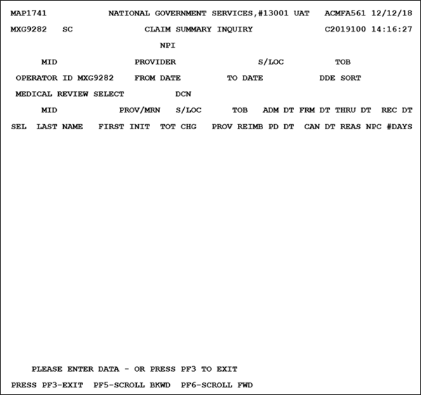 FISS Inquiry Menu - Select option 12 for Claim Summary