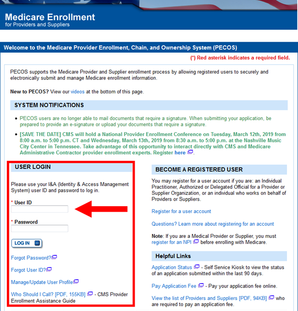 Image of the Provider Enrollment Chain and Ownership System website home page with the User Login area highlighted.