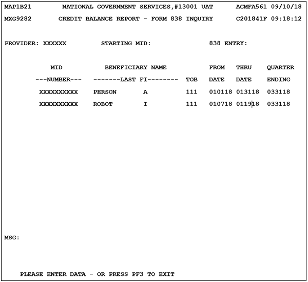 Image of the Credit Balance 838 Inquiry Form showing the provider beneficiary listing for that provider