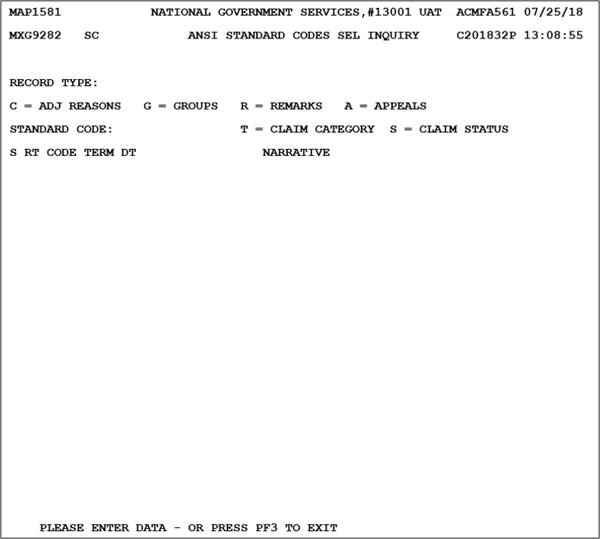 To access the ANSI REASON CODES option from the FISS Online System INQUIRIES submenu, type ‘68’ at the Enter Menu Selection: prompt, then press <Enter> then the ANSI STANDARD CODES SEL INQUIRY Screen is available.