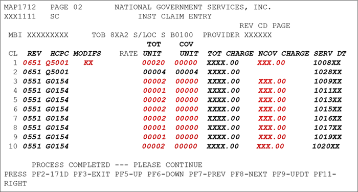 Claim page two shows covered and noncovered charges related to the occurrence span code 77. In this screen shot the KX modifier is placed on the first Q-code line to indicate there is an exceptional circumstance.