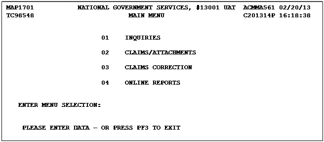 INQUIRIES submenu from the Fiscal Intermediary Standard System/Direct Data Entry (FISS/DDE) online system MAIN MENU screen