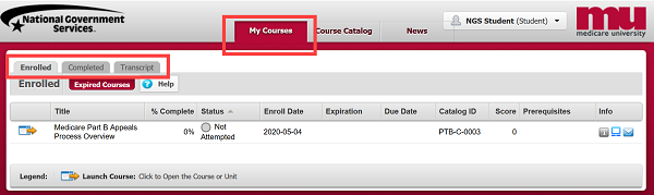 Image of the My Course tab and the three sub tabs; Enrolled, Completed, Transcript