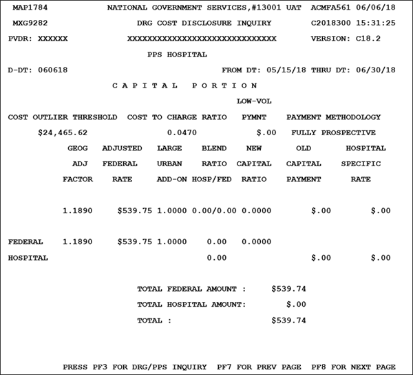 DRG PPS Capital Portion Screen - Press <F8/PF8> key to access more information.