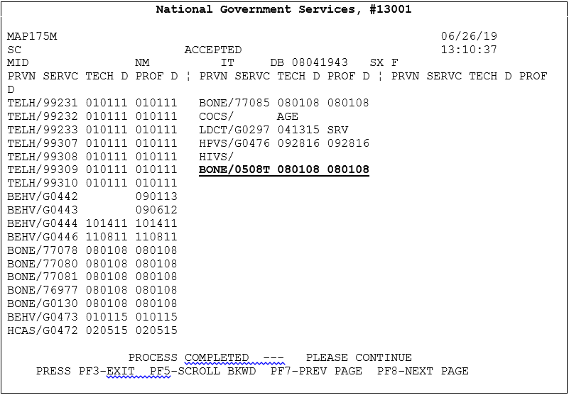 Entry added for new Bone Density HCPCS 0508T eligibility dates to MAP175M.