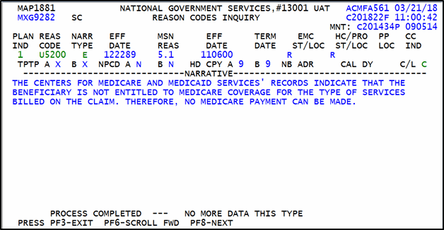 FISS Reason Code Inquiry Screen, Narrative for rejection reason code U5200